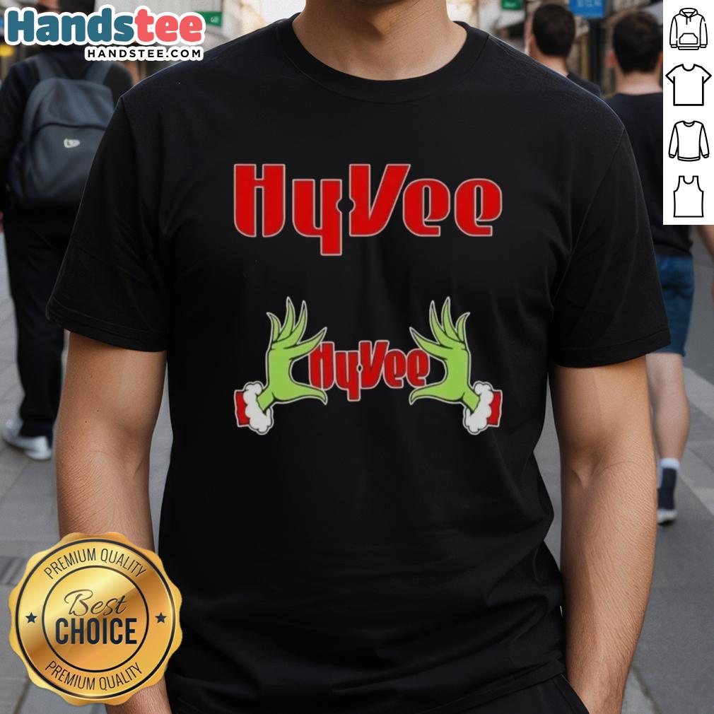 Nice Grinch Hands Love Hyvee Christmas T-Shirt featuring festive design with Grinch hands and holiday graphics.