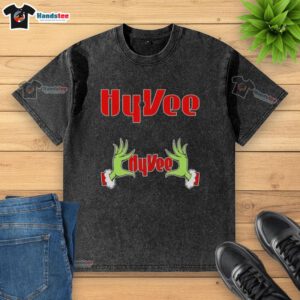 Nice Grinch Hands Love Hy-Vee Christmas washed t-shirt featuring festive design perfect for holiday celebrations.
