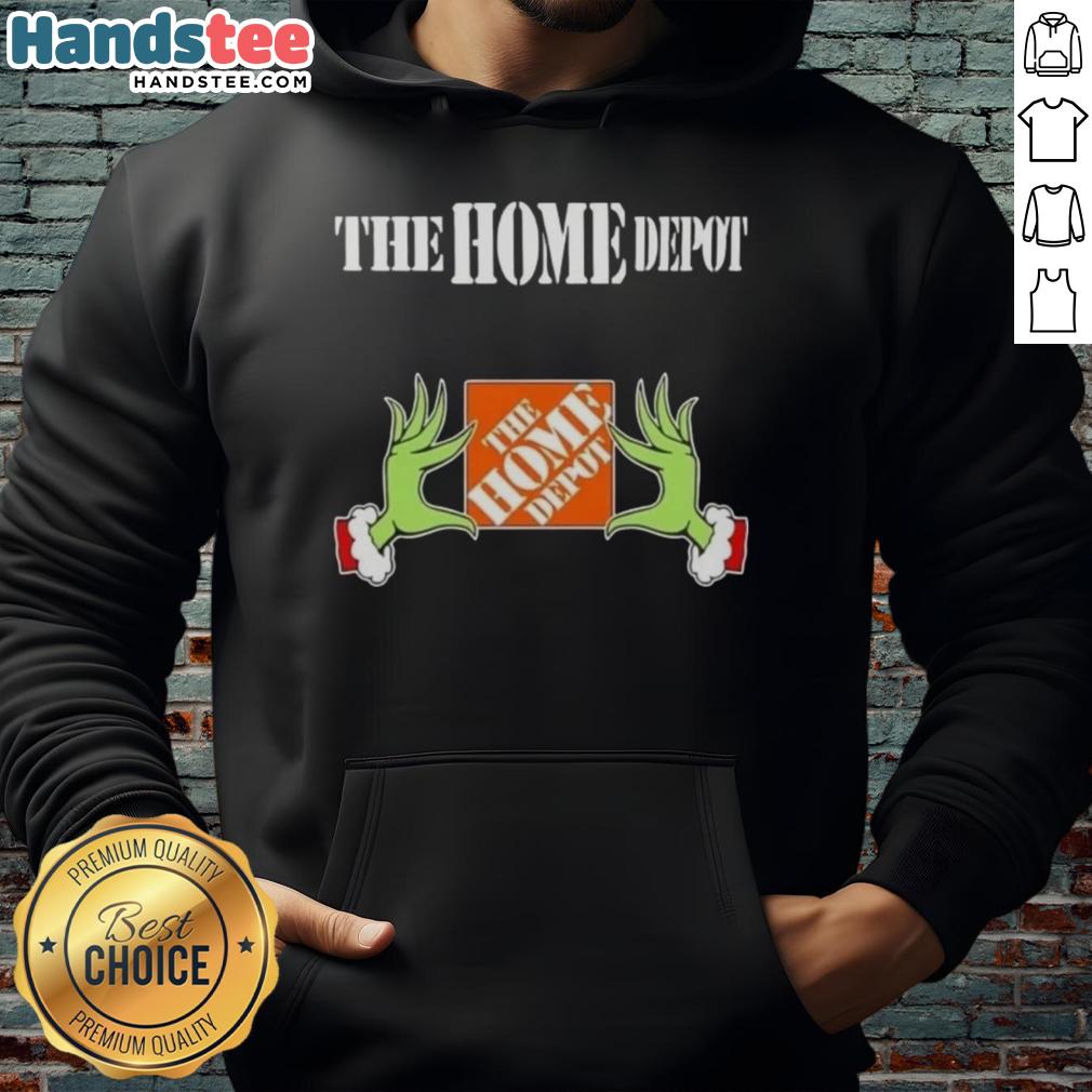 Person wearing Nice Grinch Hands Love The Home Depot Christmas Hoodie, showcasing festive spirit and holiday cheer.