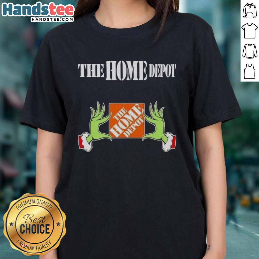 Alt Text: Nice Grinch hands on a Christmas ladies tee from The Home Depot, perfect for festive holiday celebrations.
