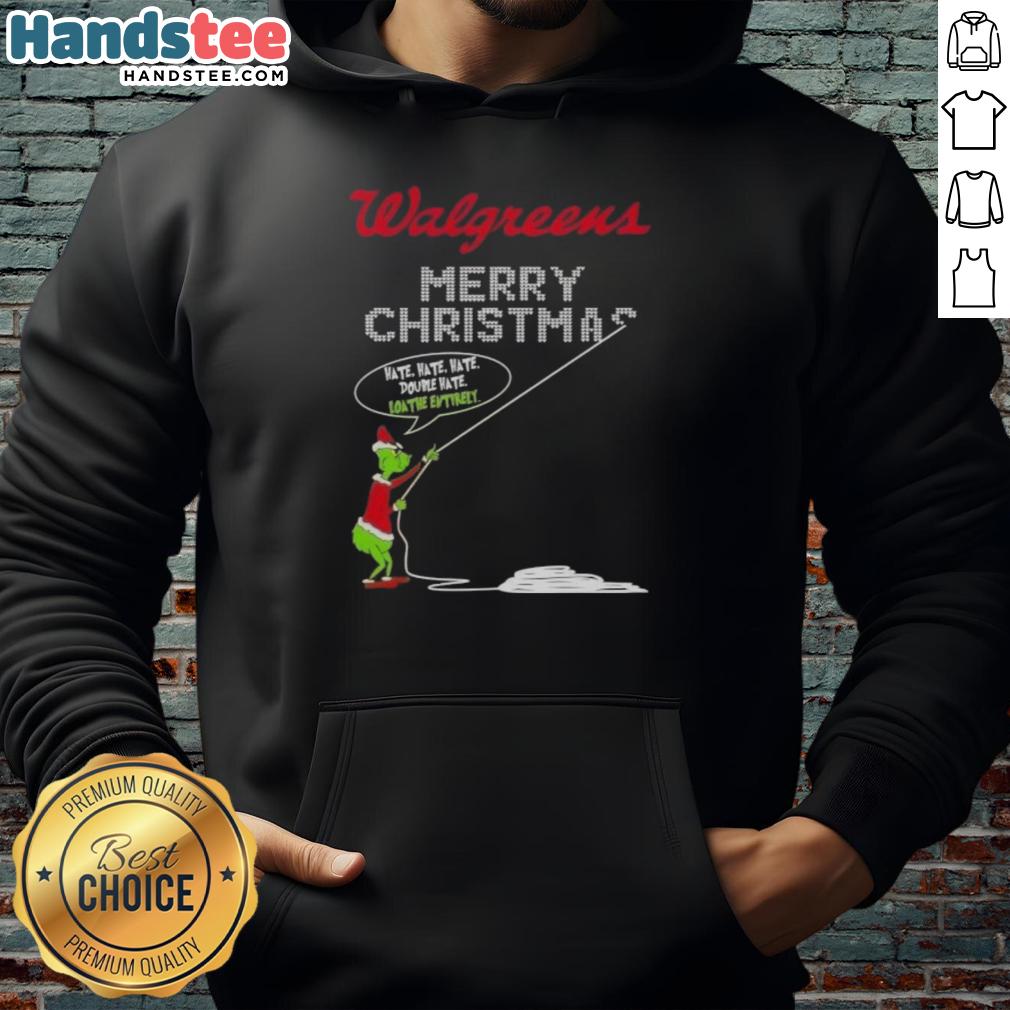 Original Grinch X Walgreens Merry Christmas hoodie featuring 'Hate Hate Hate' design in festive colors.