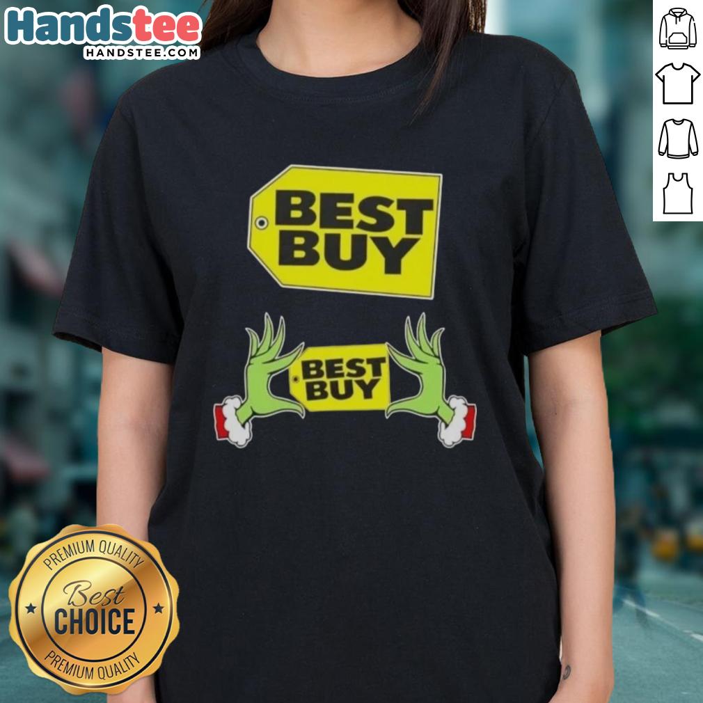 Premium Grinch Hands Love Best Buy Christmas Ladies Tee featuring festive design perfect for holiday celebrations.
