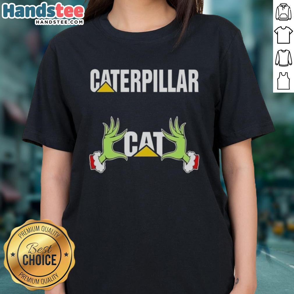 Premium Grinch hands holding a love caterpillar on a Christmas ladies tee, perfect for festive holiday celebrations.