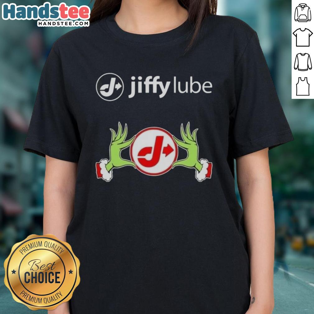 Premium Jiffy Lube X Grinch Hands Merry Christmas Ladies Tee featuring festive design and vibrant colors for holiday cheer.
