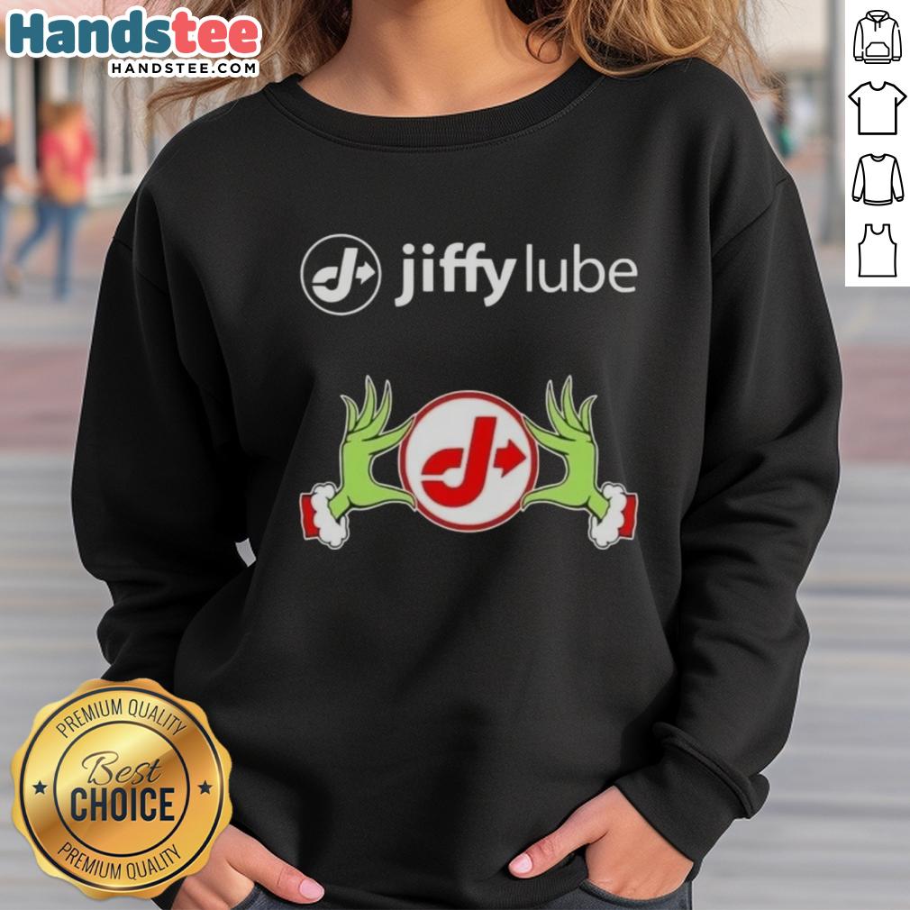 Alt Text: Premium Jiffy Lube X Grinch hands Merry Christmas sweatshirt, festive design perfect for holiday celebrations.