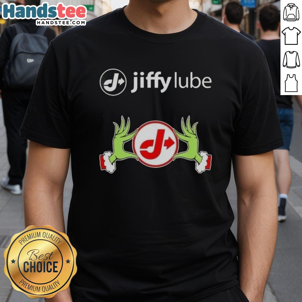 Premium Jiffy Lube X Grinch Hands Merry Christmas T-Shirt featuring festive design with Grinch hands and holiday colors.