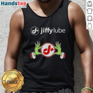 Premium Jiffy Lube X Grinch hands Merry Christmas tank top featuring festive design for holiday celebrations.