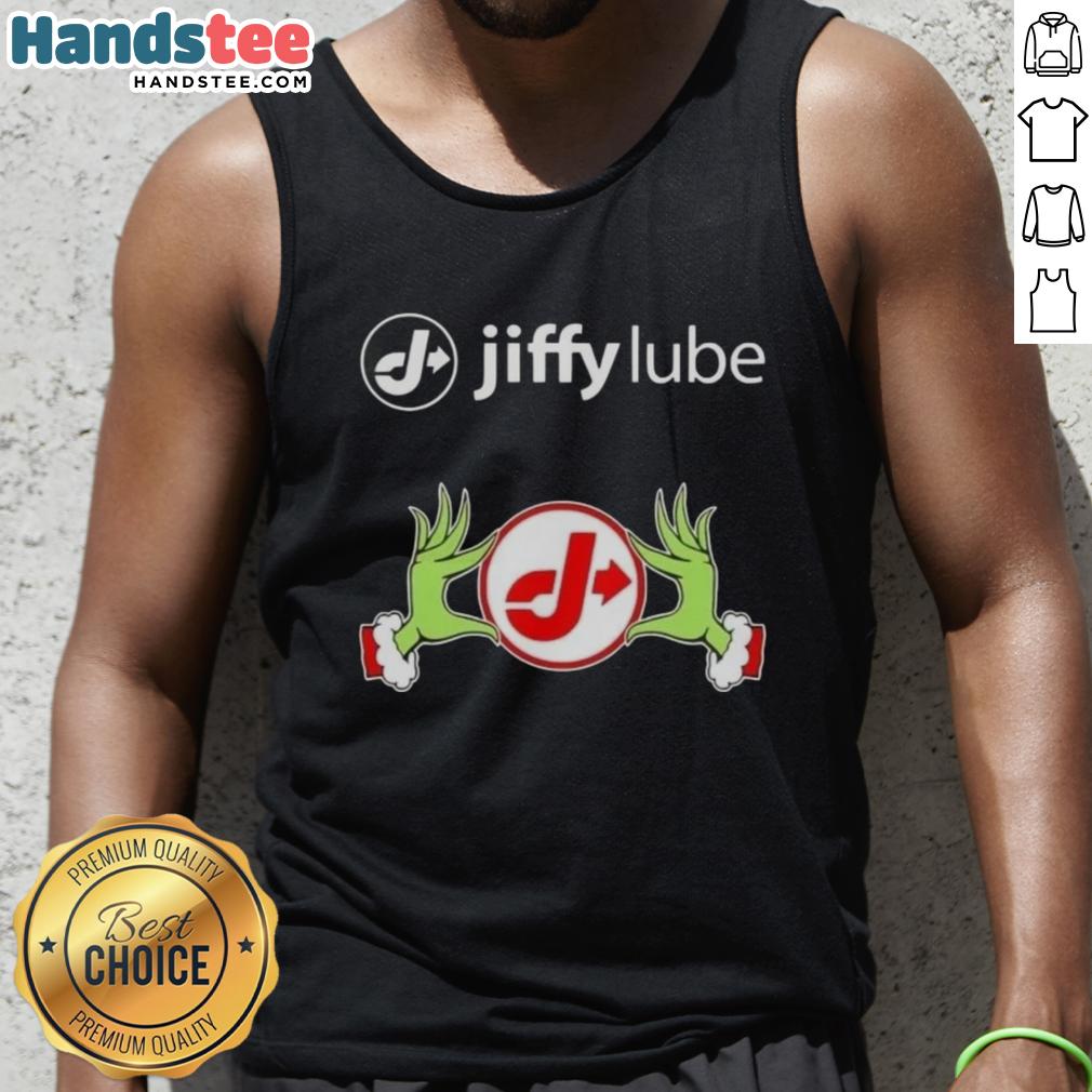 Premium Jiffy Lube X Grinch hands Merry Christmas tank top featuring festive design for holiday celebrations.