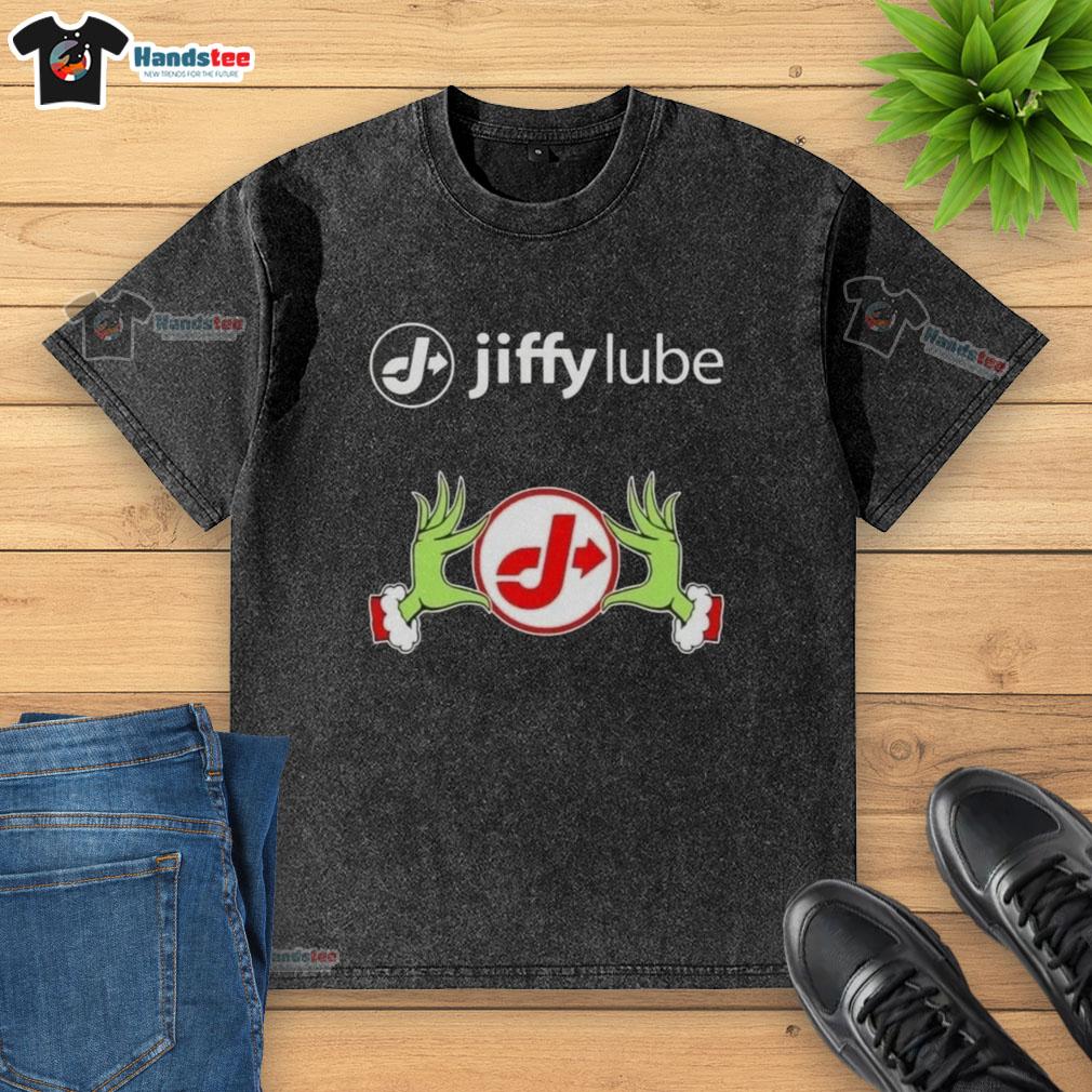 Premium Jiffy Lube X Grinch Merry Christmas Washed T-Shirt featuring festive design with Grinch hands, perfect for holiday cheer.
