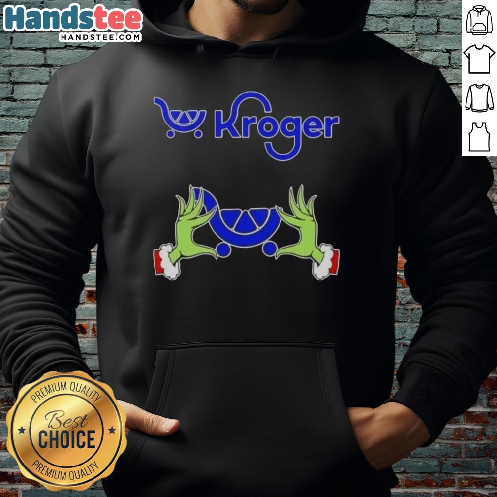 Premium Kroger X Grinch Hands Merry Christmas Hoodie in festive green with vibrant Grinch graphic, perfect for holiday cheer.