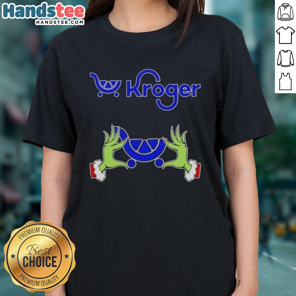 Premium Kroger X Grinch Hands Merry Christmas Ladies Tee featuring festive design and vibrant colors for holiday cheer.