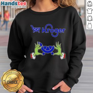 Alt Text: Premium Kroger X Grinch Hands Merry Christmas Sweatshirt featuring festive design and cozy fit for holiday celebrations.