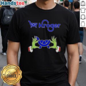 Premium Kroger X Grinch Hands Merry Christmas T-Shirt featuring festive design and vibrant colors for holiday cheer.