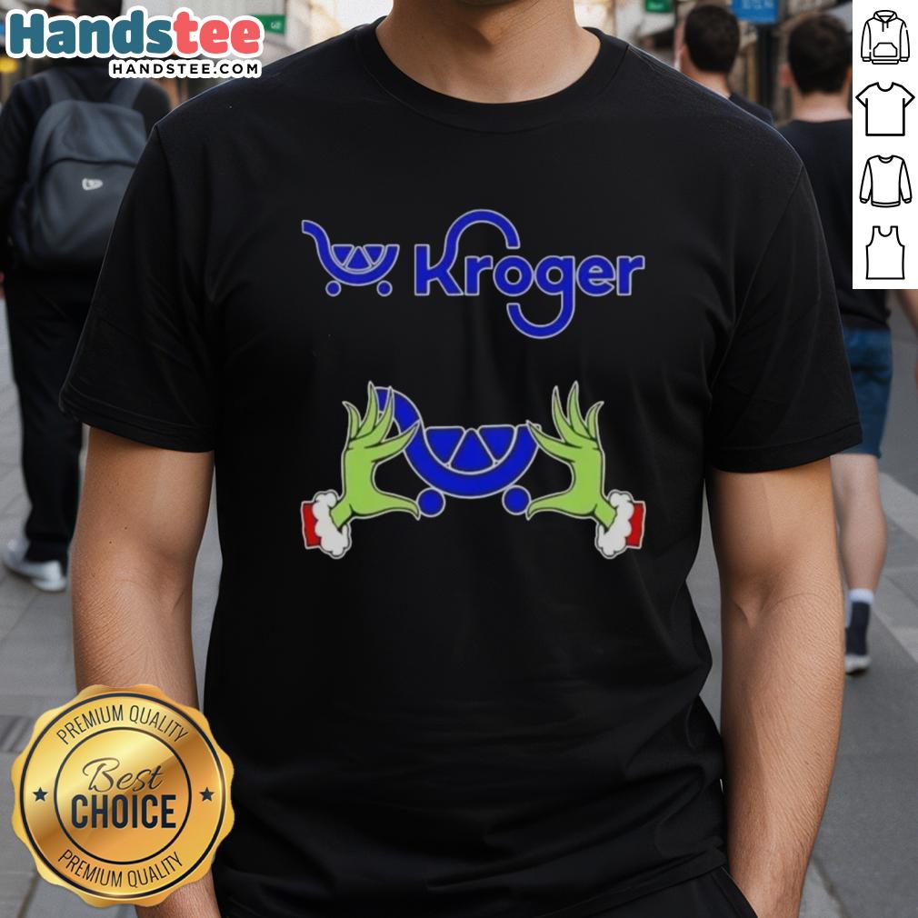 Premium Kroger X Grinch Hands Merry Christmas T-Shirt featuring festive design and vibrant colors for holiday cheer.
