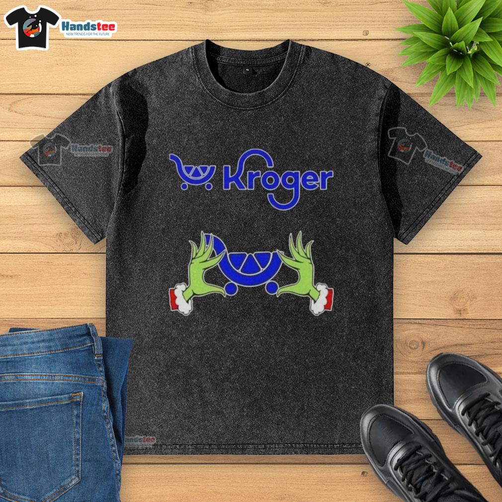Premium Kroger X Grinch Hands Merry Christmas washed t-shirt featuring festive design for holiday cheer.