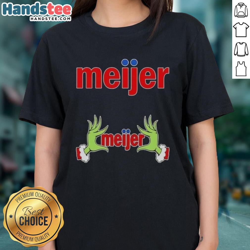 Premium Meijer X Grinch Hands Merry Christmas Ladies Tee featuring festive design for holiday cheer.