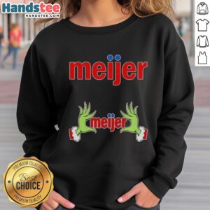 Alt Text: Premium Meijer X Grinch Hands Merry Christmas Sweatshirt featuring festive design and playful graphics for the holidays.