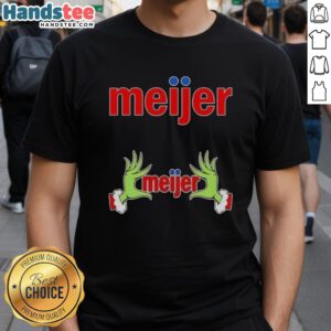 Premium Meijer X Grinch Hands Merry Christmas T-Shirt featuring festive Grinch graphic for holiday cheer.