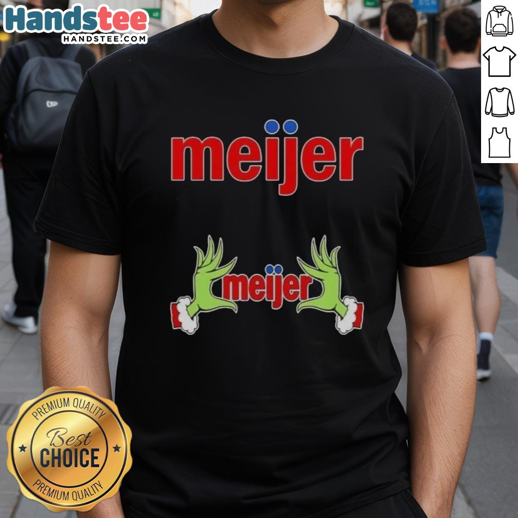 Premium Meijer X Grinch Hands Merry Christmas T-Shirt featuring festive Grinch graphic for holiday cheer.