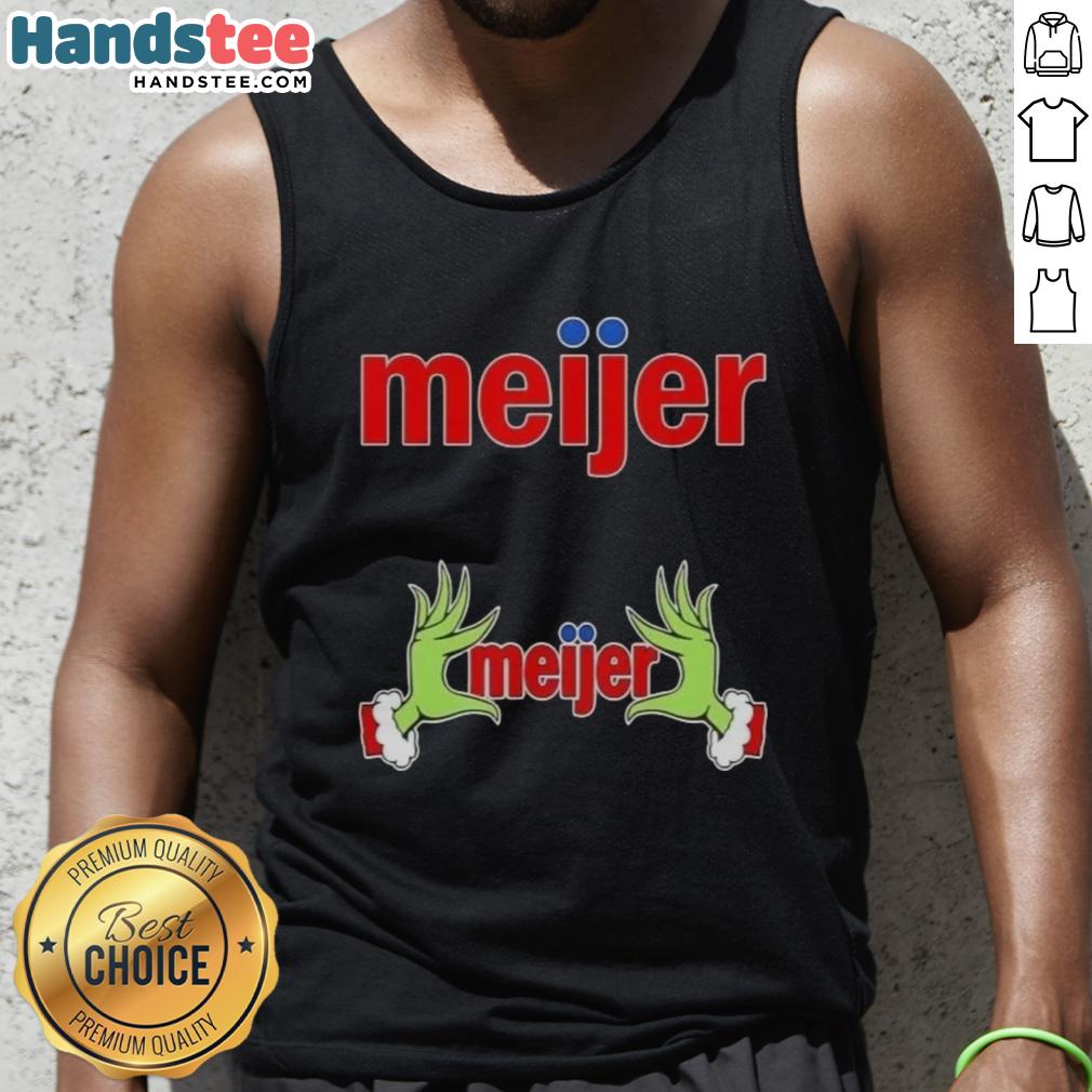 Premium Meijer X Grinch Hands Merry Christmas Tank Top featuring festive design, perfect for holiday celebrations.