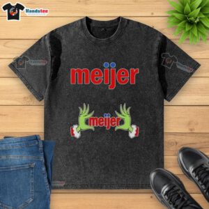 Premium Meijer X Grinch Hands Merry Christmas washed t-shirt featuring festive design and vibrant colors.