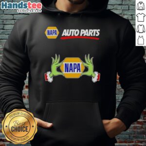 Alt Text: Premium Napa Auto Parts X Grinch Hands Merry Christmas Hoodie featuring festive design and cozy fit for holiday cheer.