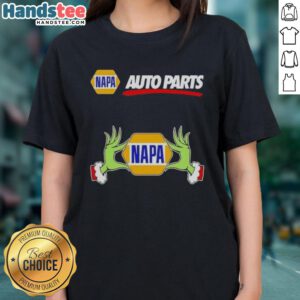 Premium Napa Auto Parts X Grinch Hands Merry Christmas Ladies Tee featuring a festive design for holiday cheer.