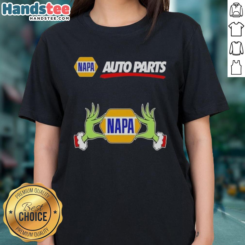 Premium Napa Auto Parts X Grinch Hands Merry Christmas Ladies Tee featuring a festive design for holiday cheer.