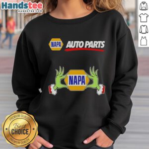 Premium Napa Auto Parts X Grinch Hands Merry Christmas Sweatshirt featuring festive design for holiday celebrations.