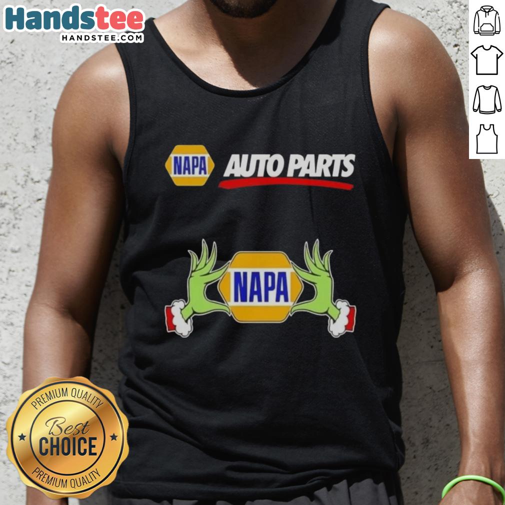 Premium Napa Auto Parts X Grinch hands Merry Christmas tank top design featuring festive colors and playful graphics.