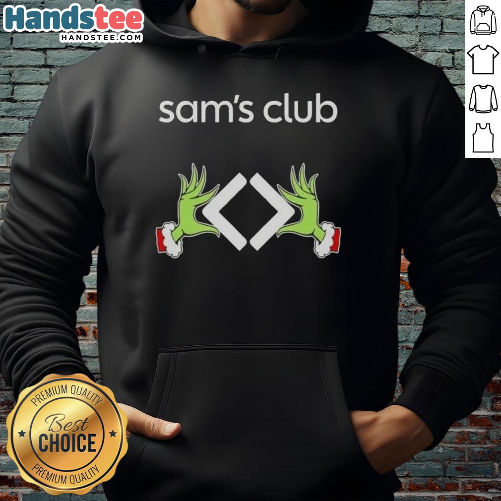 Premium Sam's Clubs X Grinch Hands Merry Christmas Hoodie featuring festive design and vibrant colors for holiday cheer.