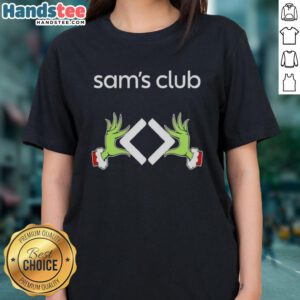 Premium Sam's Club X Grinch Hands Merry Christmas Ladies Tee featuring a festive design perfect for holiday celebrations.