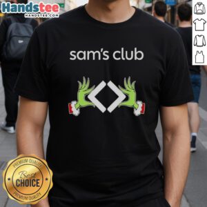 Premium Sam's Club x Grinch Hands Merry Christmas T-Shirt featuring festive design and holiday spirit for Christmas celebrations.