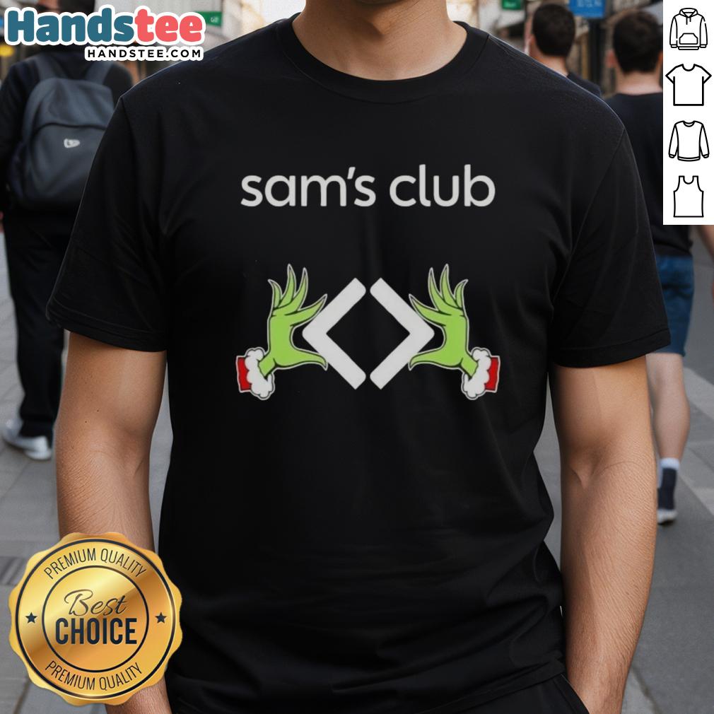 Premium Sam's Club x Grinch Hands Merry Christmas T-Shirt featuring festive design and holiday spirit for Christmas celebrations.