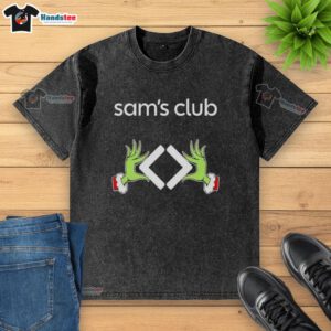 Alt Text: Premium Sams Clubs X Grinch Hands Merry Christmas Washed T-Shirt featuring festive design and comfortable fit.