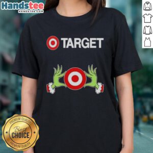 Premium Target X Grinch hands Merry Christmas ladies tee design featuring festive graphics and vibrant colors.
