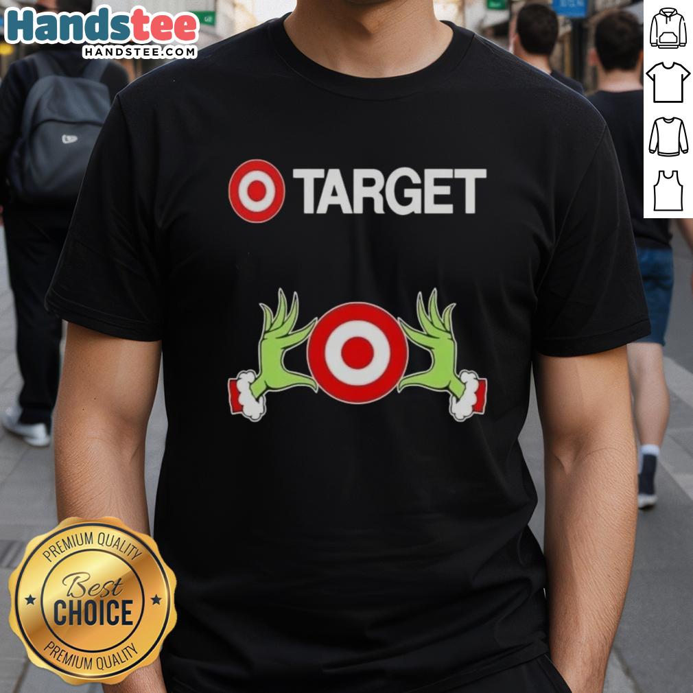 Premium Target X Grinch Hands Merry Christmas T-Shirt featuring festive design and vibrant colors for holiday cheer.