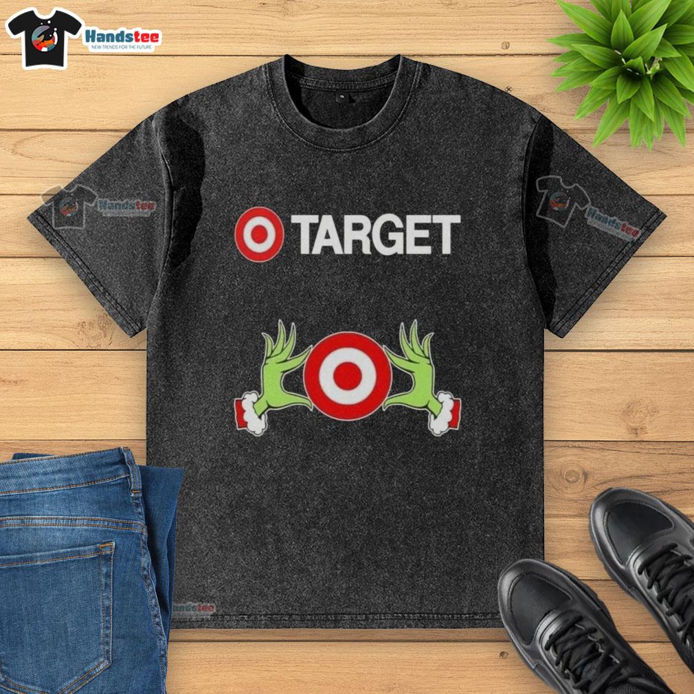Premium Target X Grinch Hands Merry Christmas T-shirt featuring playful Grinch graphic for festive holiday style.
