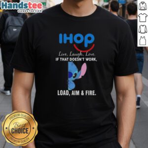 Happy Stitch X IHOP Live Laugh Love T-Shirt featuring playful graphic design and humorous quote for casual wear.