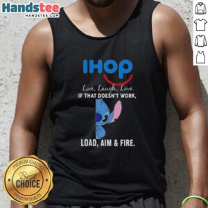 Happy Stitch x IHOP tank top featuring 'Live Laugh Love' and 'Load Aim and Fire' designs for a fun, casual look.