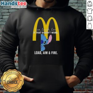 Happy Stitch x McDonald's hoodie featuring 'Live Laugh Love' and 'Load Aim Fire' designs, perfect for casual wear.