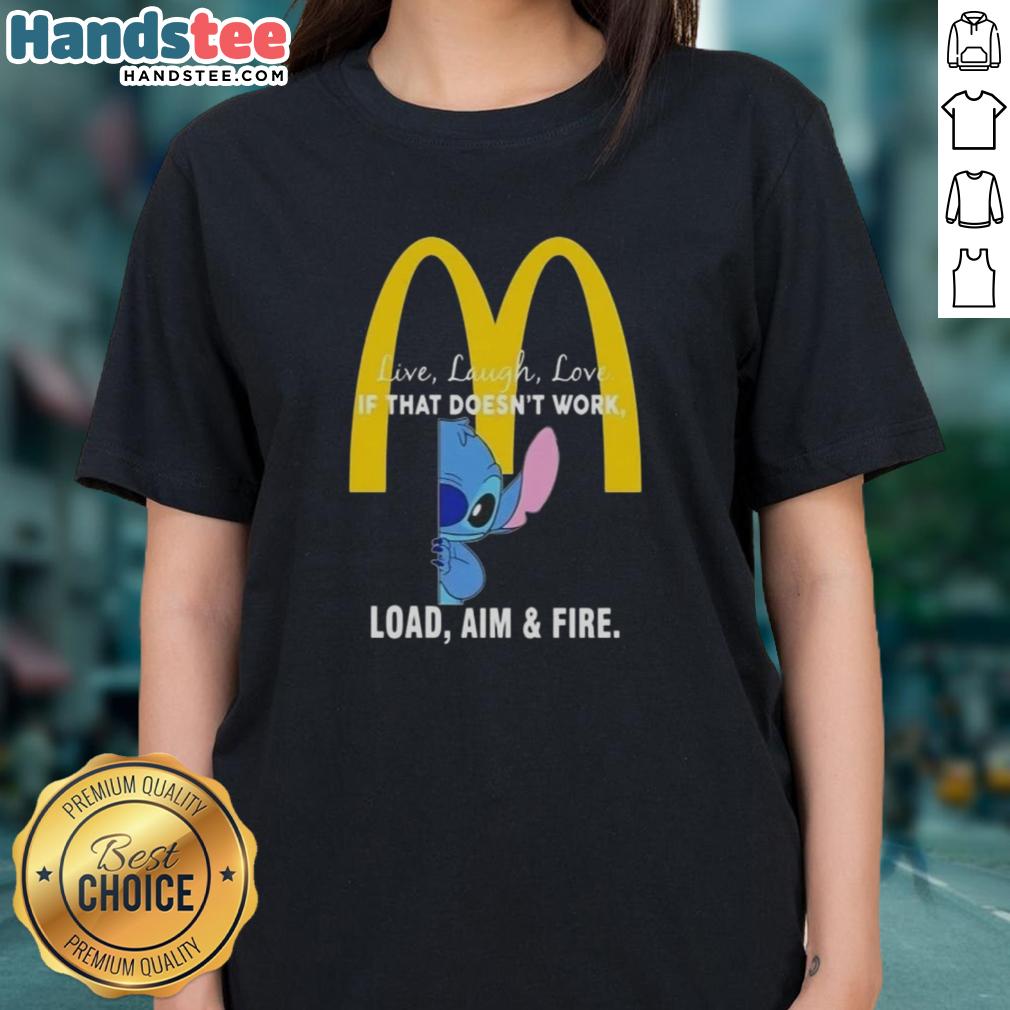 Happy Stitch x McDonald's Live Laugh Love tee for ladies featuring a playful slogan and vibrant design.