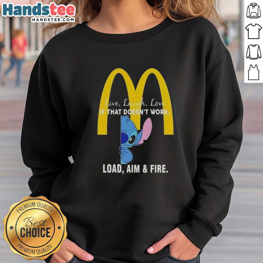 Happy Stitch x McDonald's Live Laugh Love sweatshirt featuring bold graphics and a playful motto for casual wear.