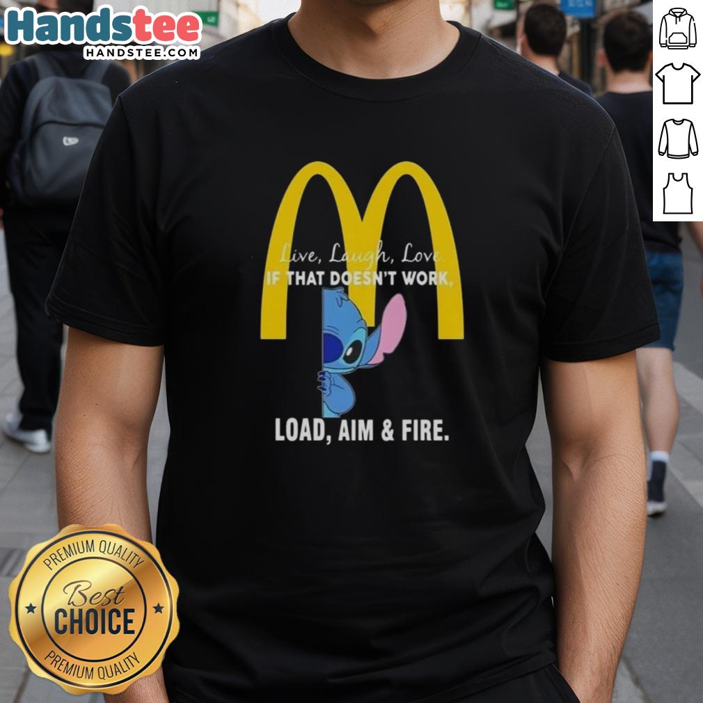 Happy Stitch X McDonald's 'Live Laugh Love' T-Shirt featuring playful graphics and a humorous slogan for fans.