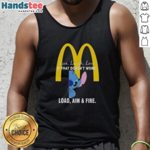 Happy Stitch x McDonald's tank top featuring 'Live Laugh Love' and 'Load Aim and Fire' designs, perfect for casual wear.