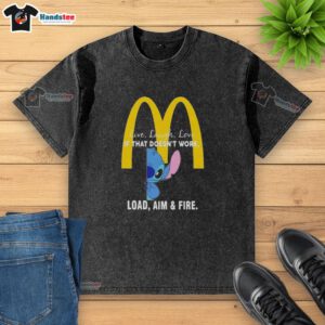 Happy Stitch x McDonald's Live Laugh Love t-shirt featuring 'Load Aim and Fire' design, perfect for casual style.