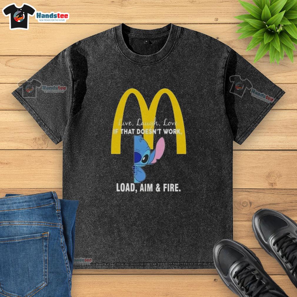 Happy Stitch x McDonald's Live Laugh Love t-shirt featuring 'Load Aim and Fire' design, perfect for casual style.