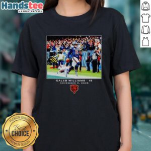 Alt Text: Official Caleb Williams Chicago Bears NFL Flash Features Week 10 Ladies Tee showcasing team pride and style.