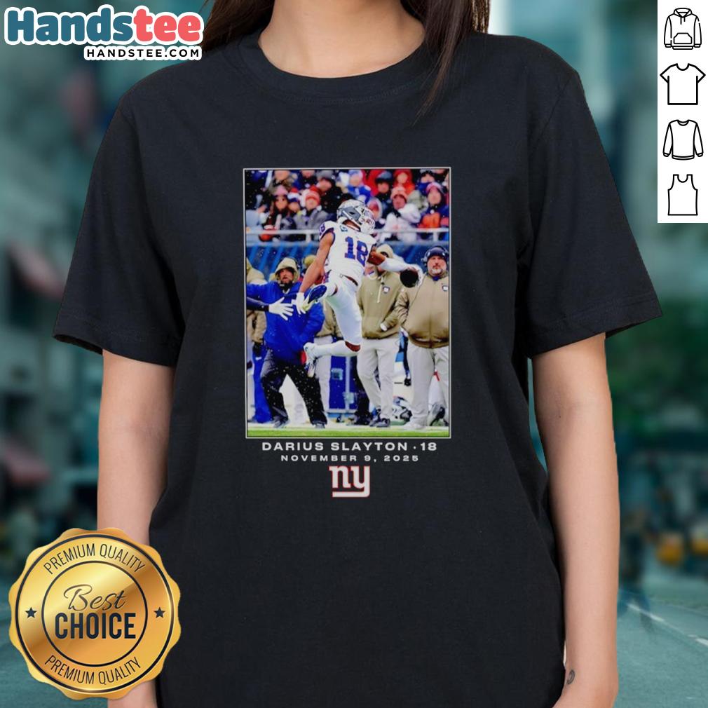 Alt Text: Darius Slayton New York Giants NFL Flash Features Week 10 Ladies Tee showcasing team colors and logo.
