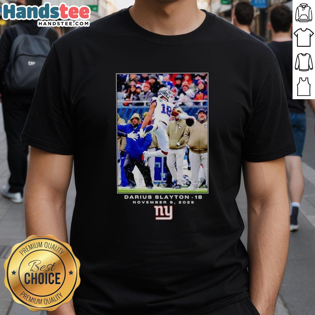 Alt Text: Darius Slayton New York Giants NFL Flash Features Week 10 T-Shirt showcasing team colors and player graphics.